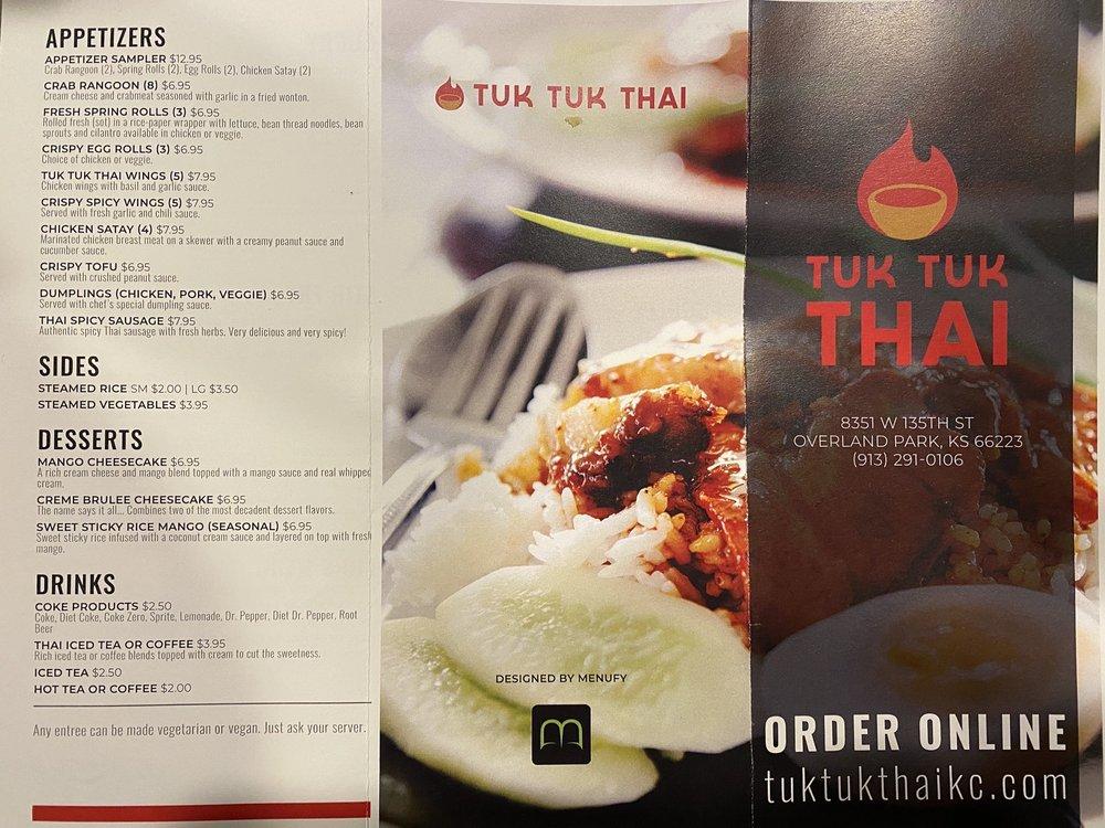 Menu at Tuk Tuk Thai restaurant, Overland Park