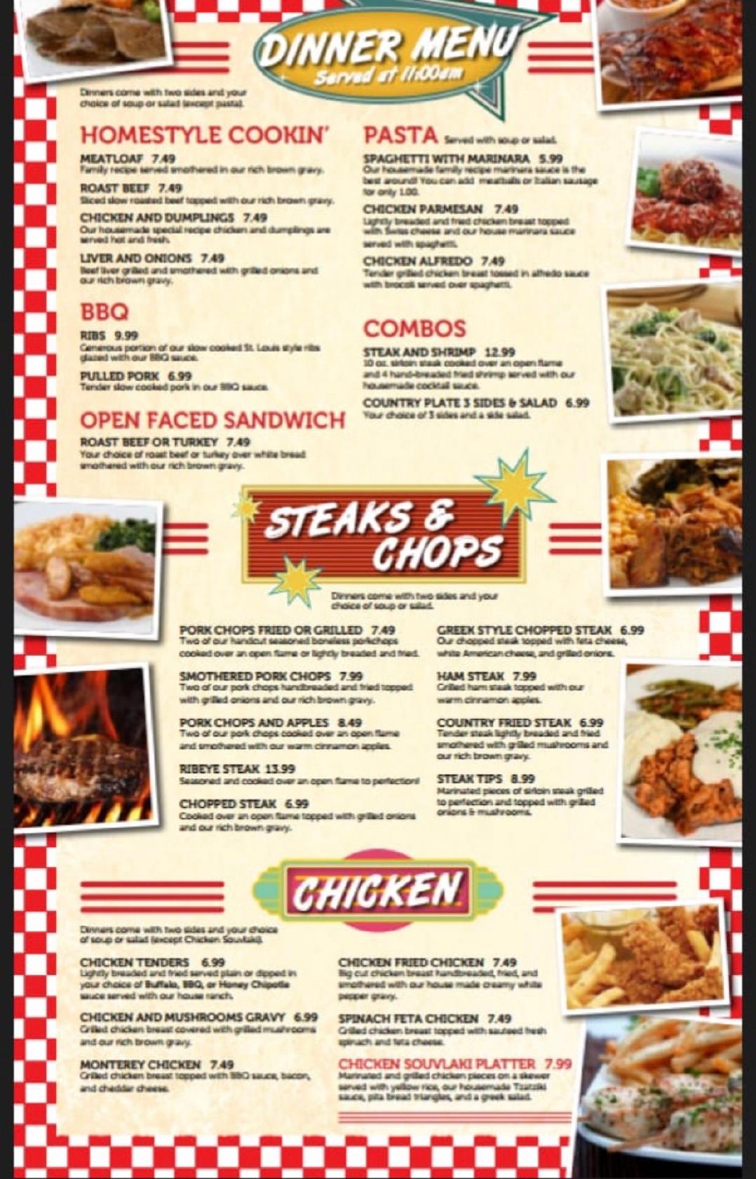 Menu at Big Tom's Diner restaurant, Winter Haven