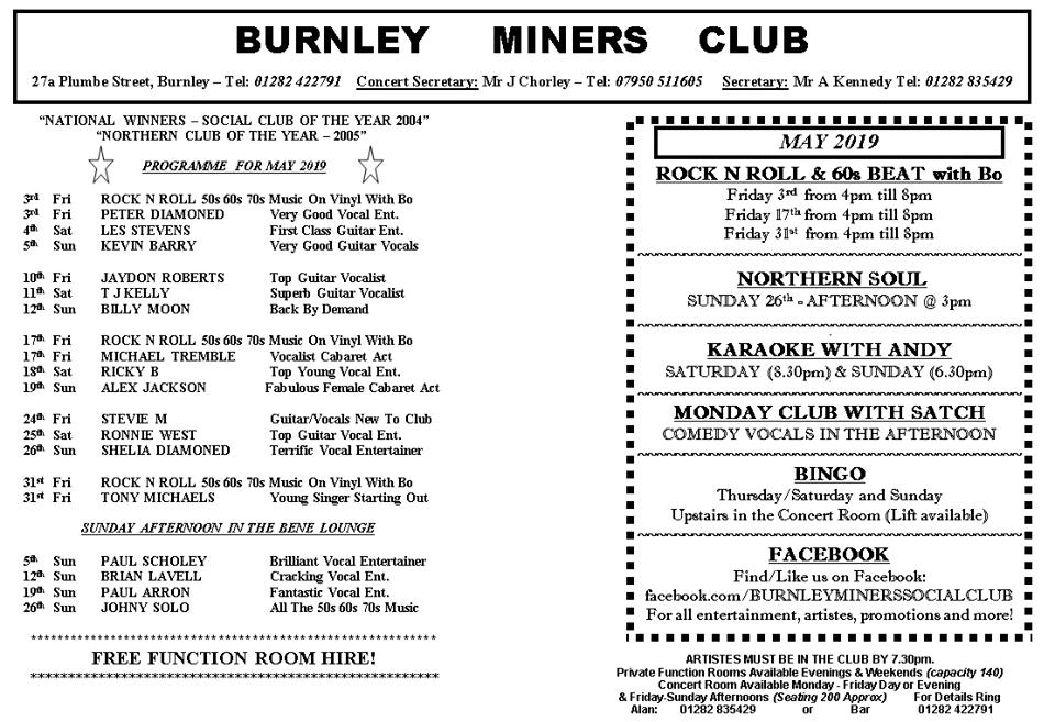 Menu at Burnley Miners pub & bar, Burnley