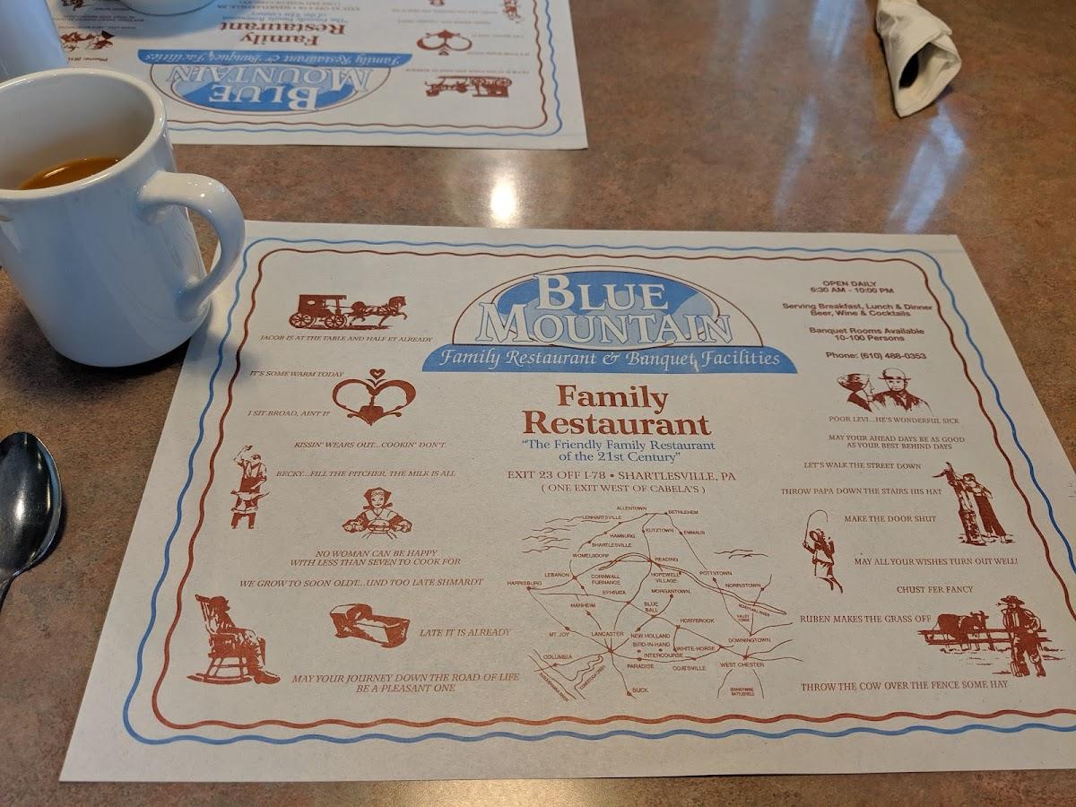 Menu at Blue Mountain Family Restaurant, Shartlesville, 24 Roadside Dr