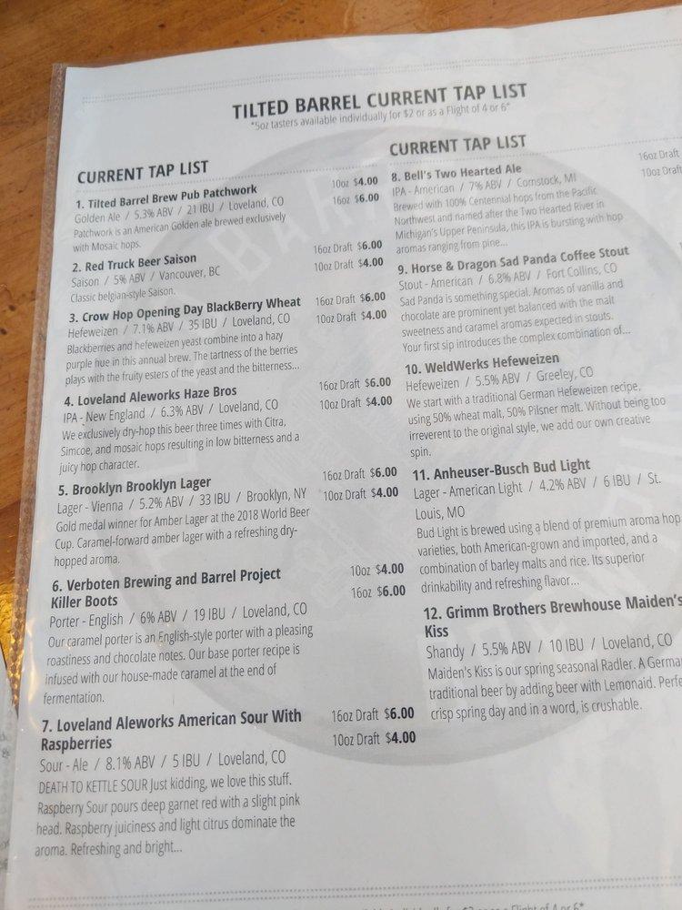 Menu at Tilted Barrel Brew Pub, Loveland