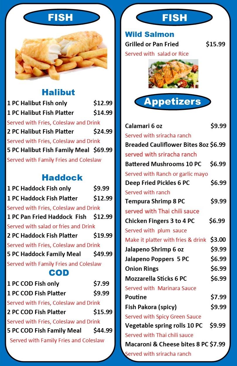 Menu at Captain Mike's Fish and Chips restaurant, Hamilton, 284 Mud St W