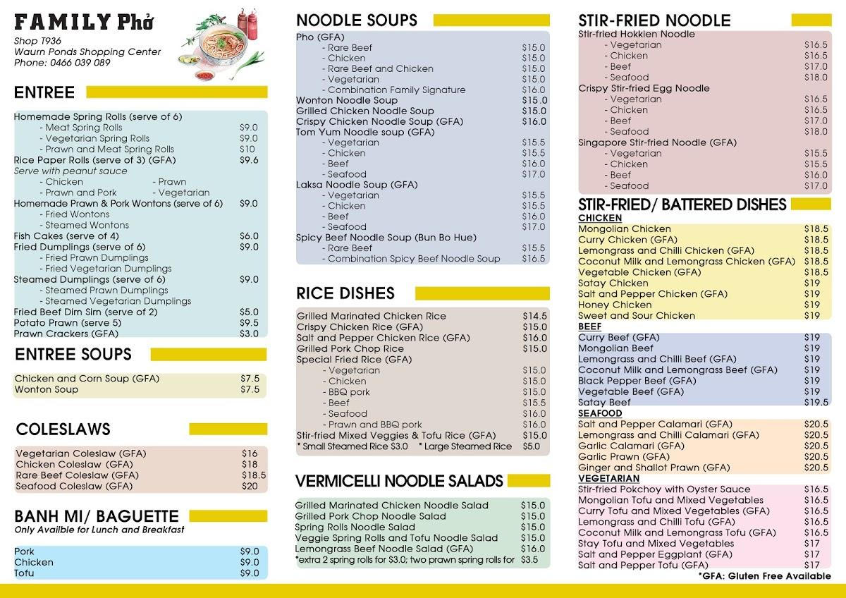 Menu at Family Pho Waurn Ponds restaurant, Waurn Ponds