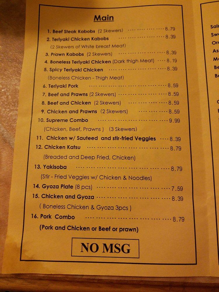 Menu at Miako Teriyaki restaurant, Mukilteo