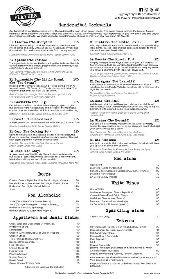 Menu at Players Sports Bar, Puerto Vallarta