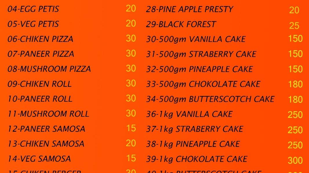 The Cake Shop menu