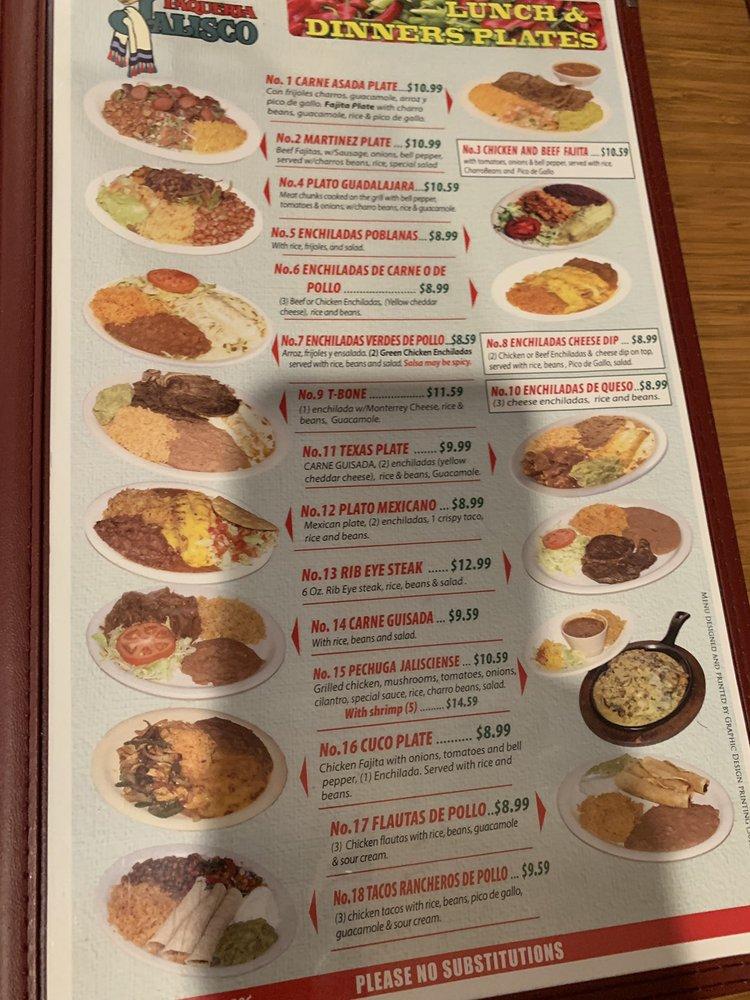 Menu at Taqueria Jalisco restaurant, Cuero