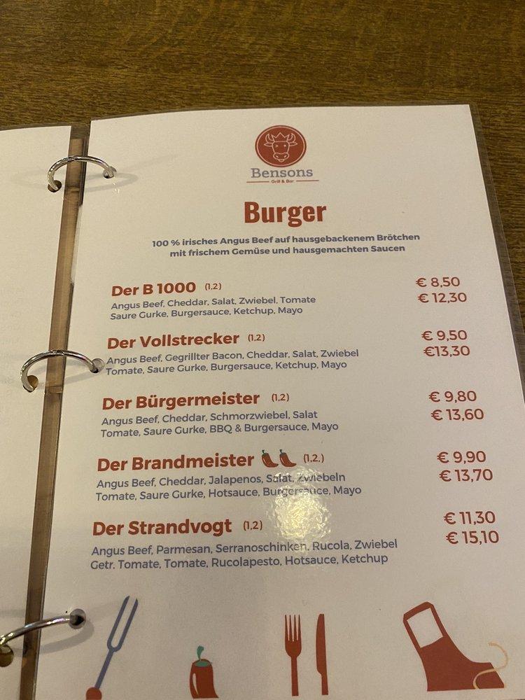 Speisekarte von Bensons Grill & Bar, Insel Poel