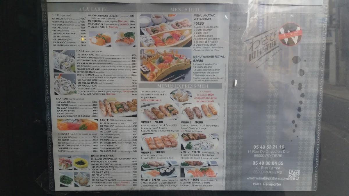Menu at Wasabi restaurant, Poitiers, 41 Rue Carnot