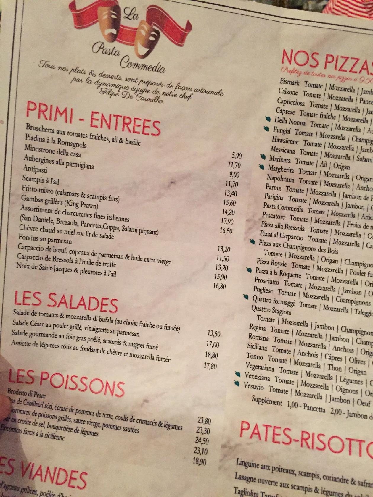 Menu at Pasta Commedia, Uccle, Av. Jean et Pierre Carsoel 3