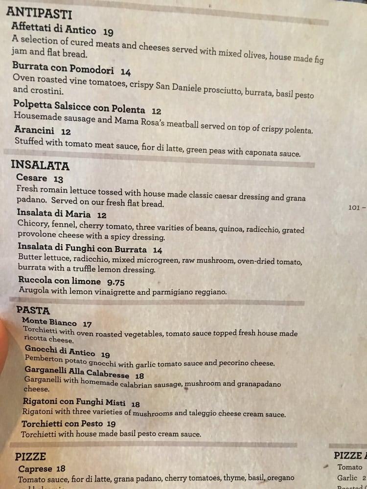 Carta de Pizzeria Antico, Whistler