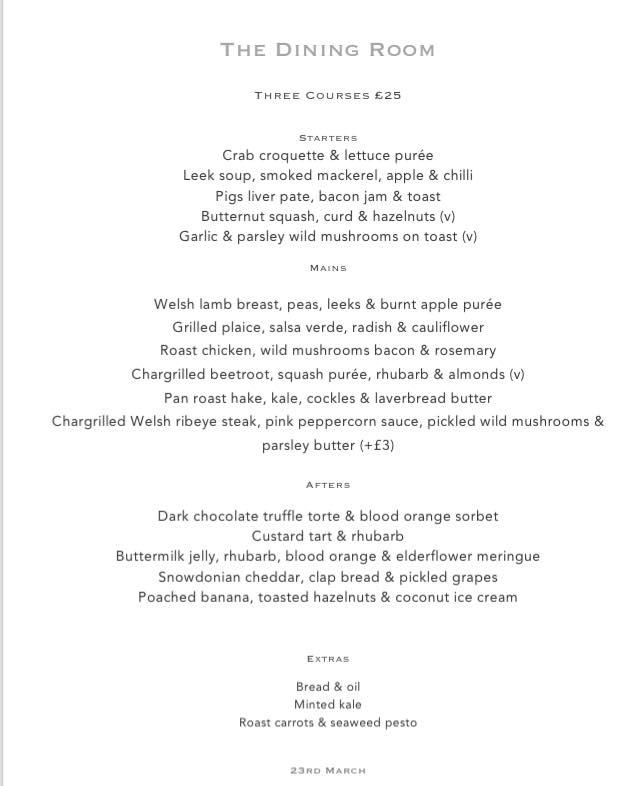 Menu at The Dining Room restaurant, Abersoch