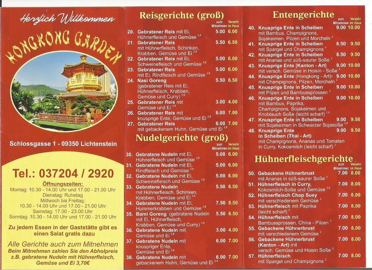 Speisekarte von Bistro Hongkong Garden restaurant, Lichtenstein/Sachsen