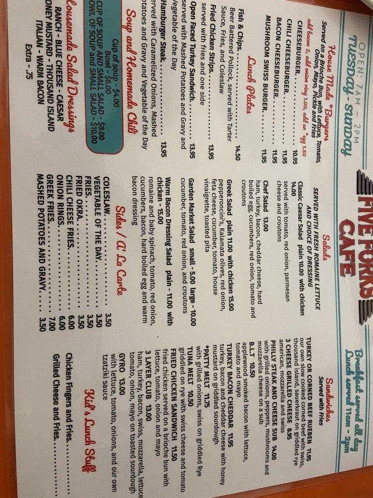 Menu at Five Forks Cafe, Williamsburg, John Tyler Hwy