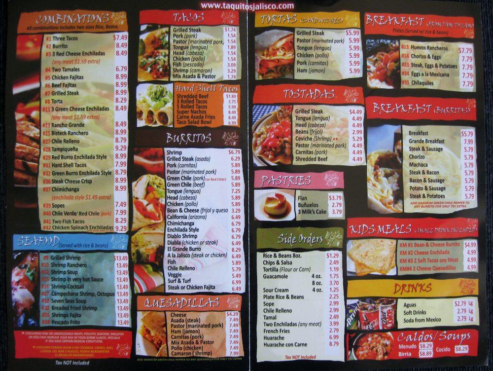Menu at Taquitos Jalisco restaurant, Mesa, W Broadway Rd