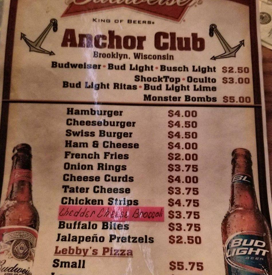 Menu at Anchor Club, Brooklyn