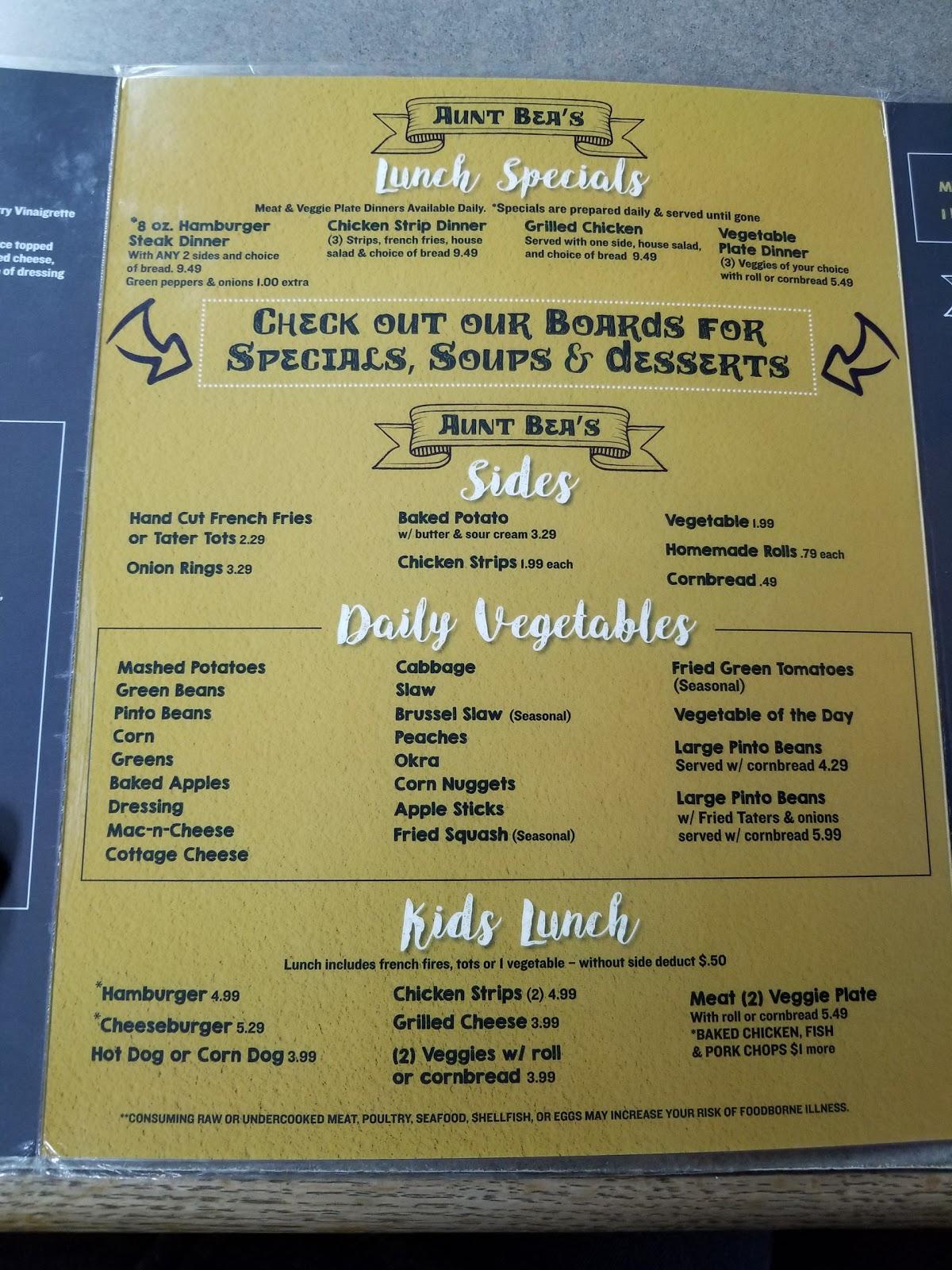 Menu at Aunt Bea's Home Cooking restaurant, Greeneville