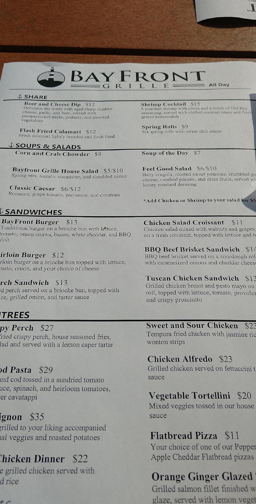 Menu at Bayfront Grille pub & bar, Erie