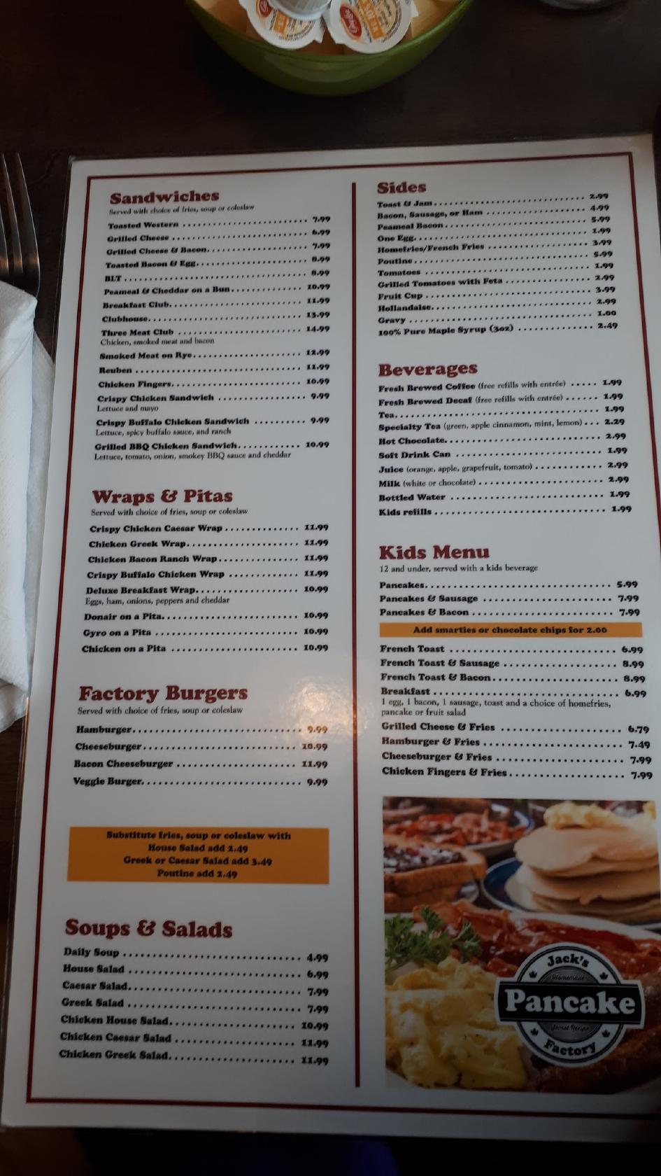 Menu at Jack's Pancake Factory restaurant, Barrie