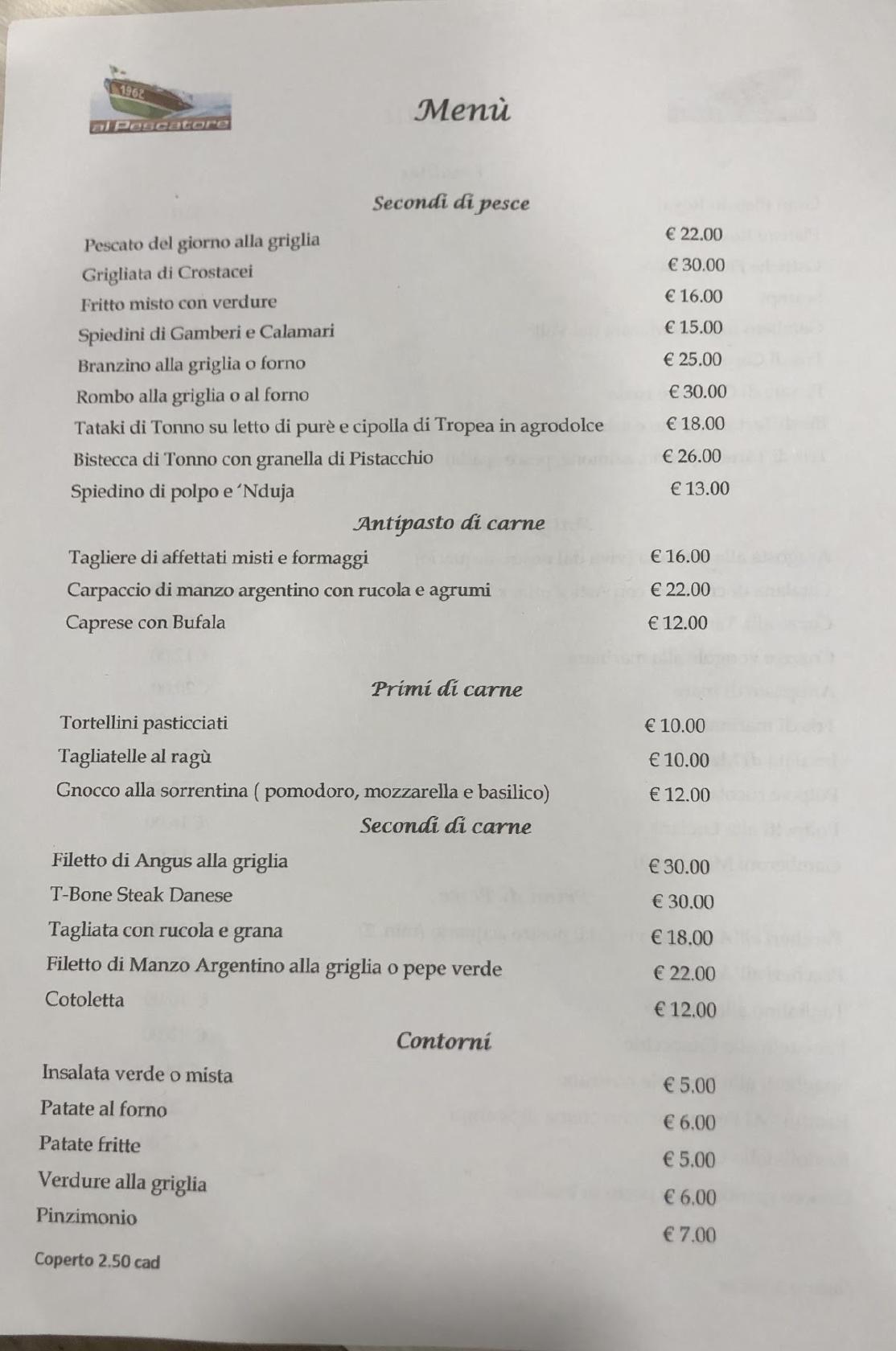 Menu di Ristorante Al Pescatore Riccione 