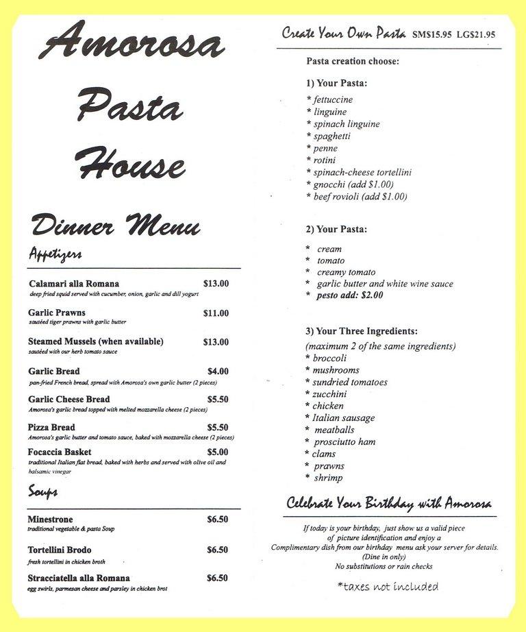 Menu at Amorosa Pasta House restaurant, Burnaby