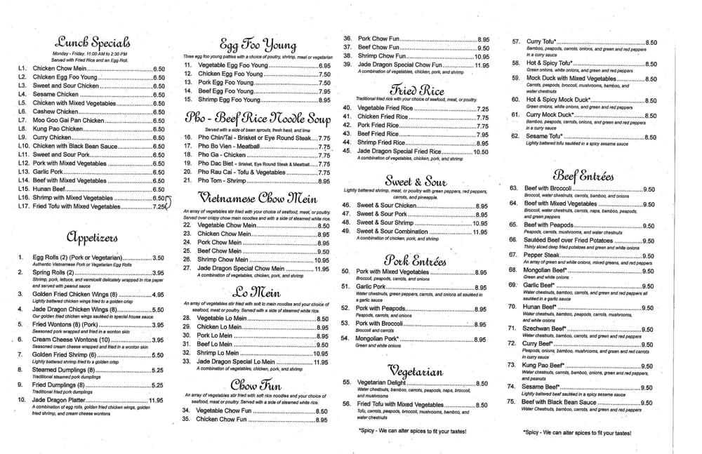 Carta del restaurante Jade Dragon, Fargo