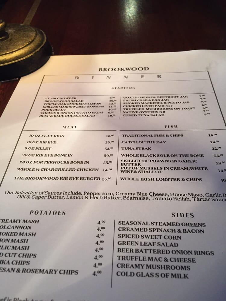 Menu at Brookwood steakhouse, Dublin, 141 Baggot Street Lower