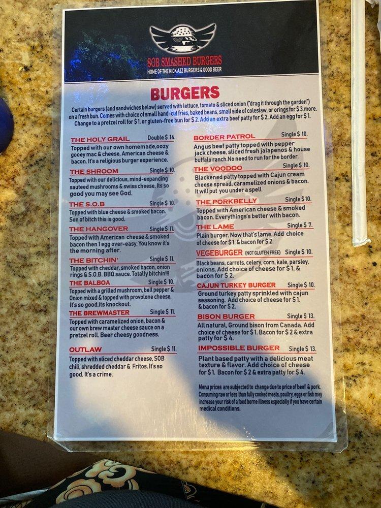 Menu At S.O.B. Burgers Pub & Bar, Bradenton