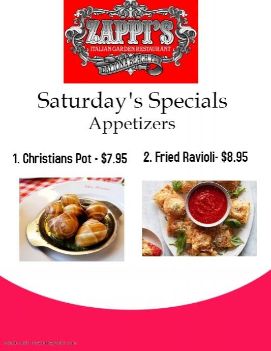 Menu at Zappi's Italian Garden pizzeria, Daytona Beach