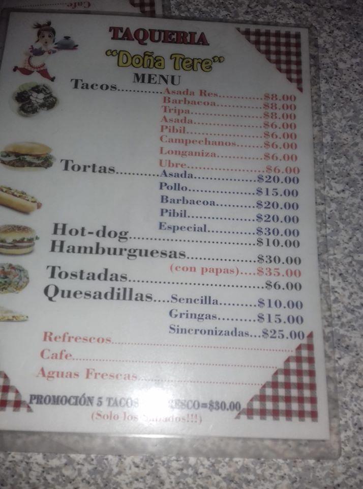 Menu at Taqueria "Doña Tere" restaurant, Mexico