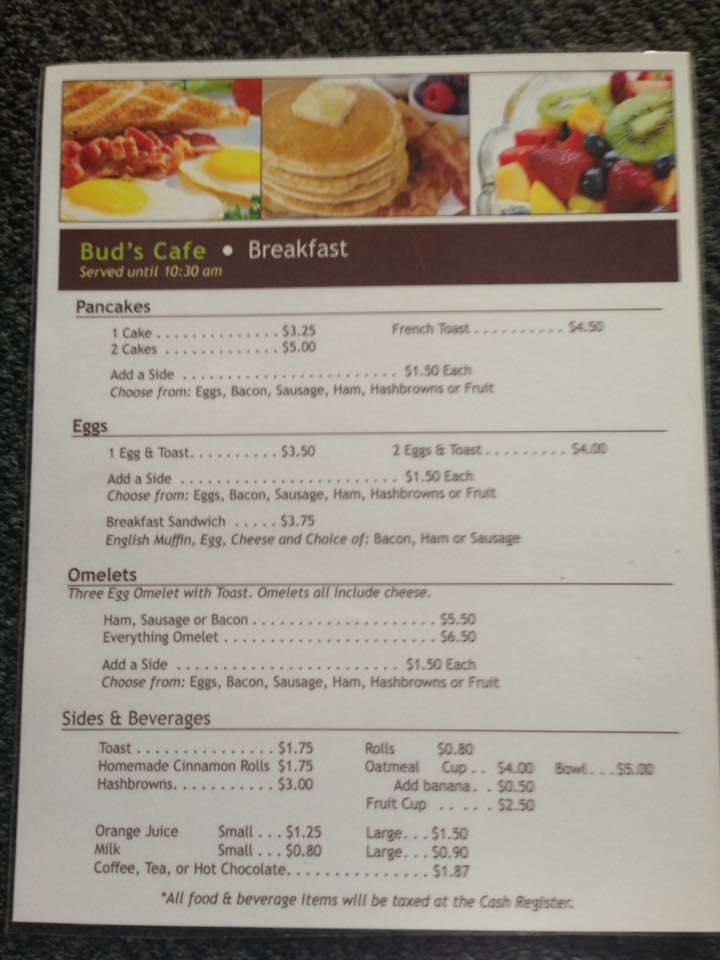 Menu at Buds Cafe, Bricelyn