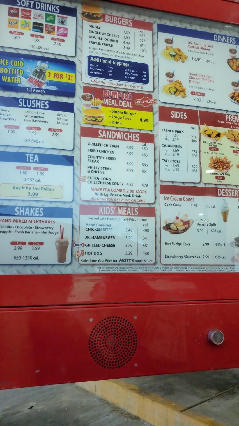 Menu at Bumpers Drive-In of America fast food, Yazoo City