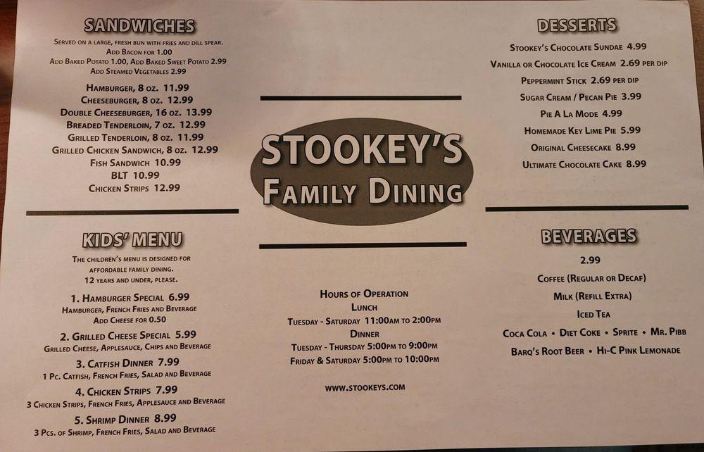 Menu at Stookey's Restaurant, Thorntown