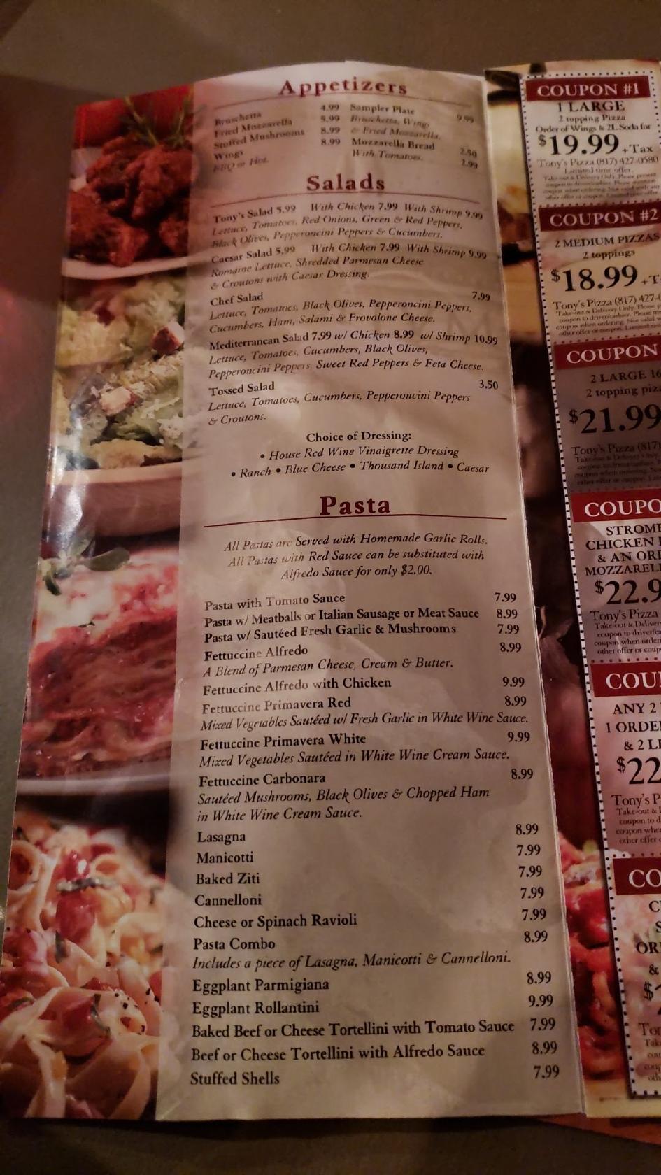 Menu at Tony's Pizza & Pasta pizzeria, Fort Worth, Rufe Snow Dr
