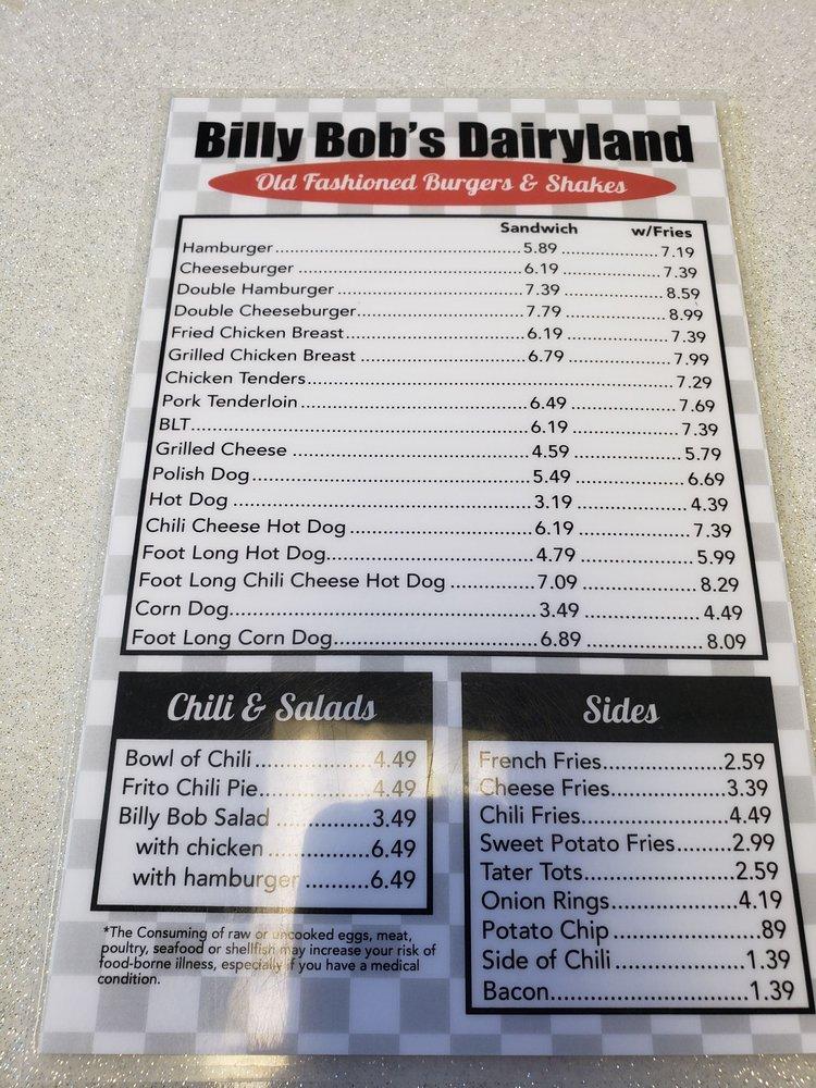 Menu at Billy Bob's Dairy Land restaurant, Branson, W 76 Country Blvd