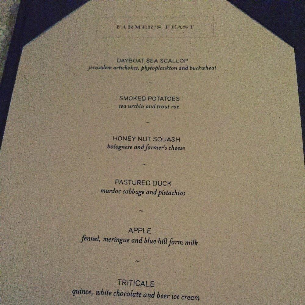 Menu at Blue Hil restaurant, New York City, 75 Washington Pl