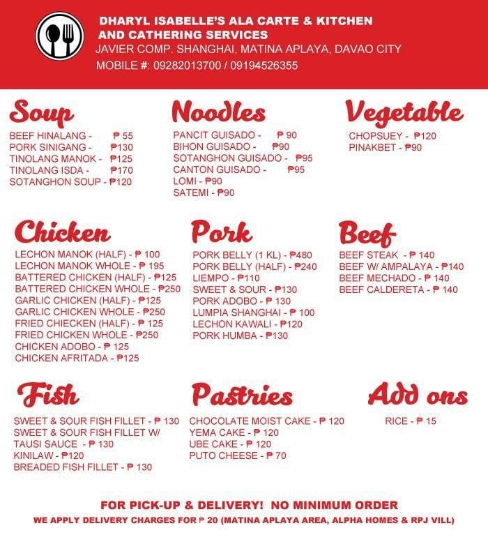 Menu at Daryl Isabelle's Ala Carte Kitchen & Catering Services