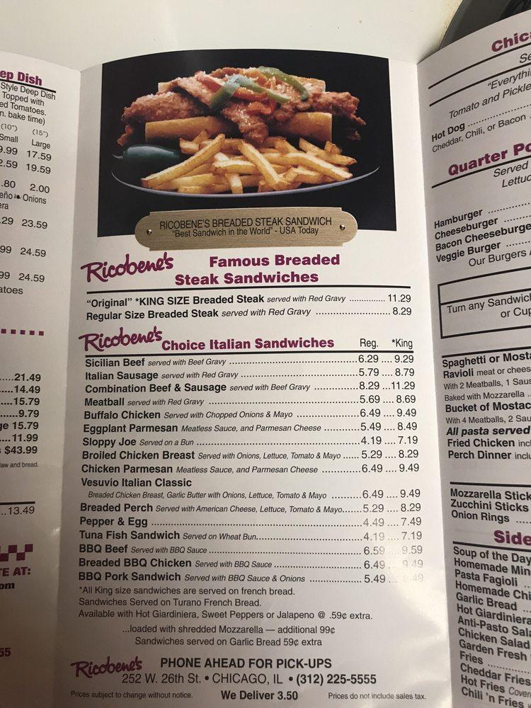 Menu at Ricobene's pizzeria, Chicago, 252 W 26th St