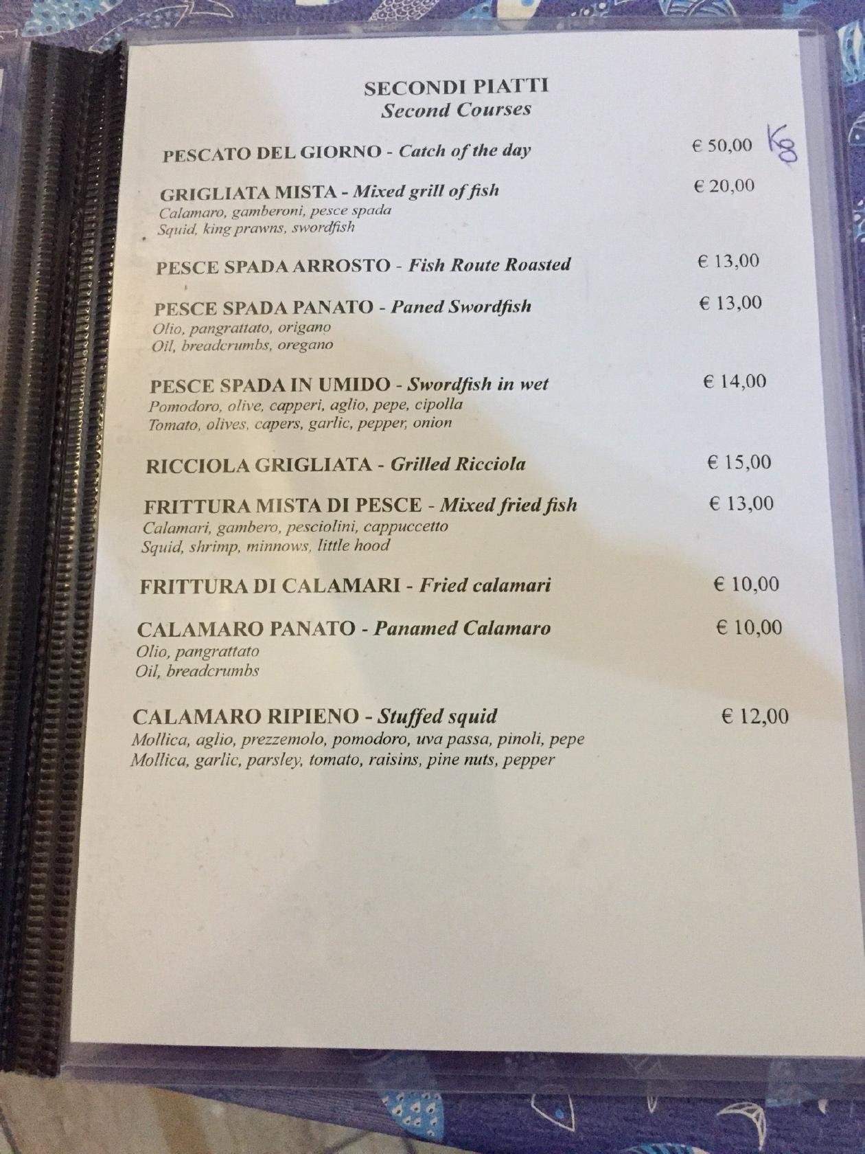 Menu da Mare Blu steakhouse, San Vito Lo Capo