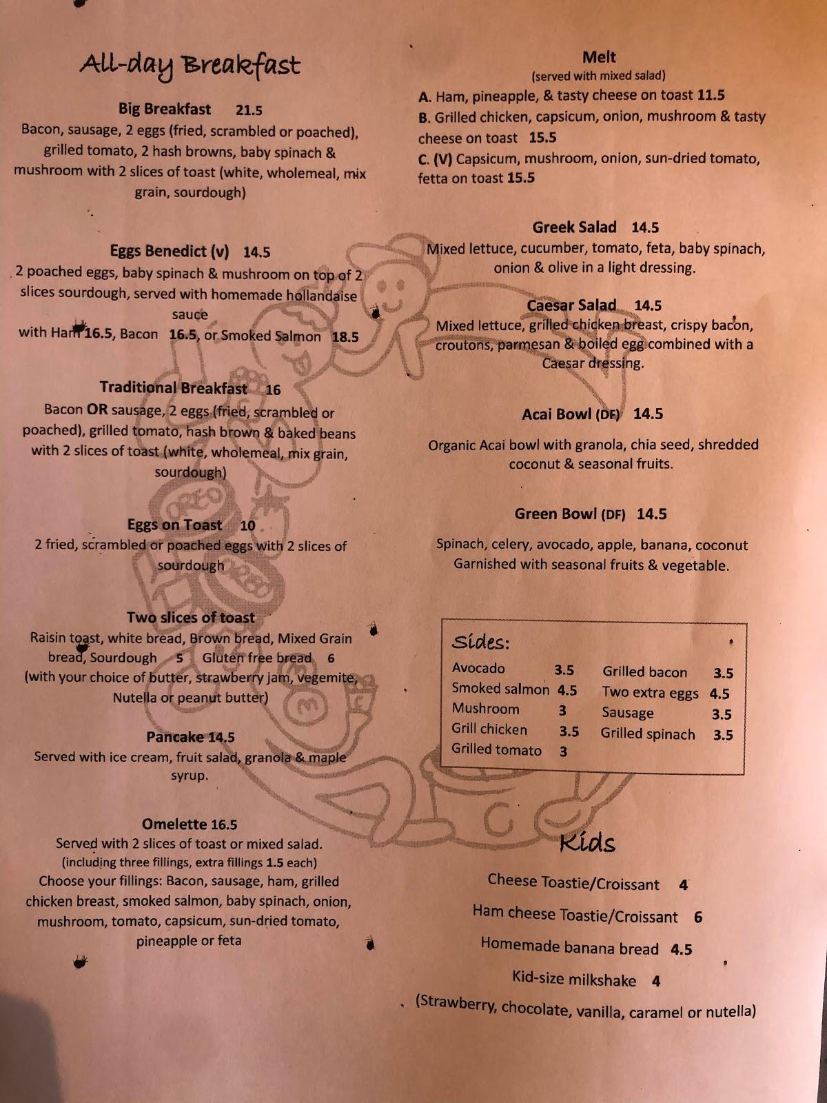 Menu at Chim Cham Cafe, Camperdown