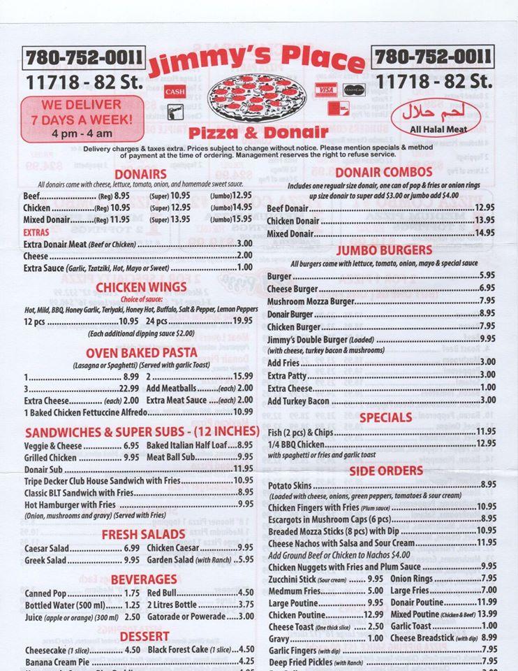 Menu at Jimmy's Place pizza & Donair pizzeria, Edmonton