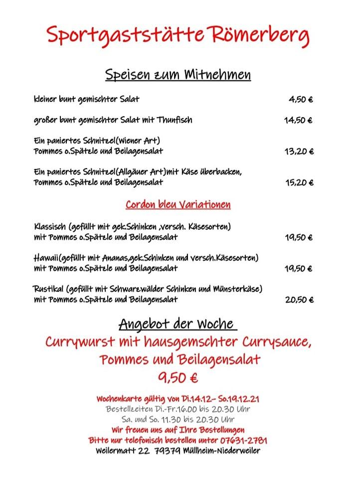 Speisekarte von Sportgaststätte Römerberg Niederweiler restaurant Müllheim