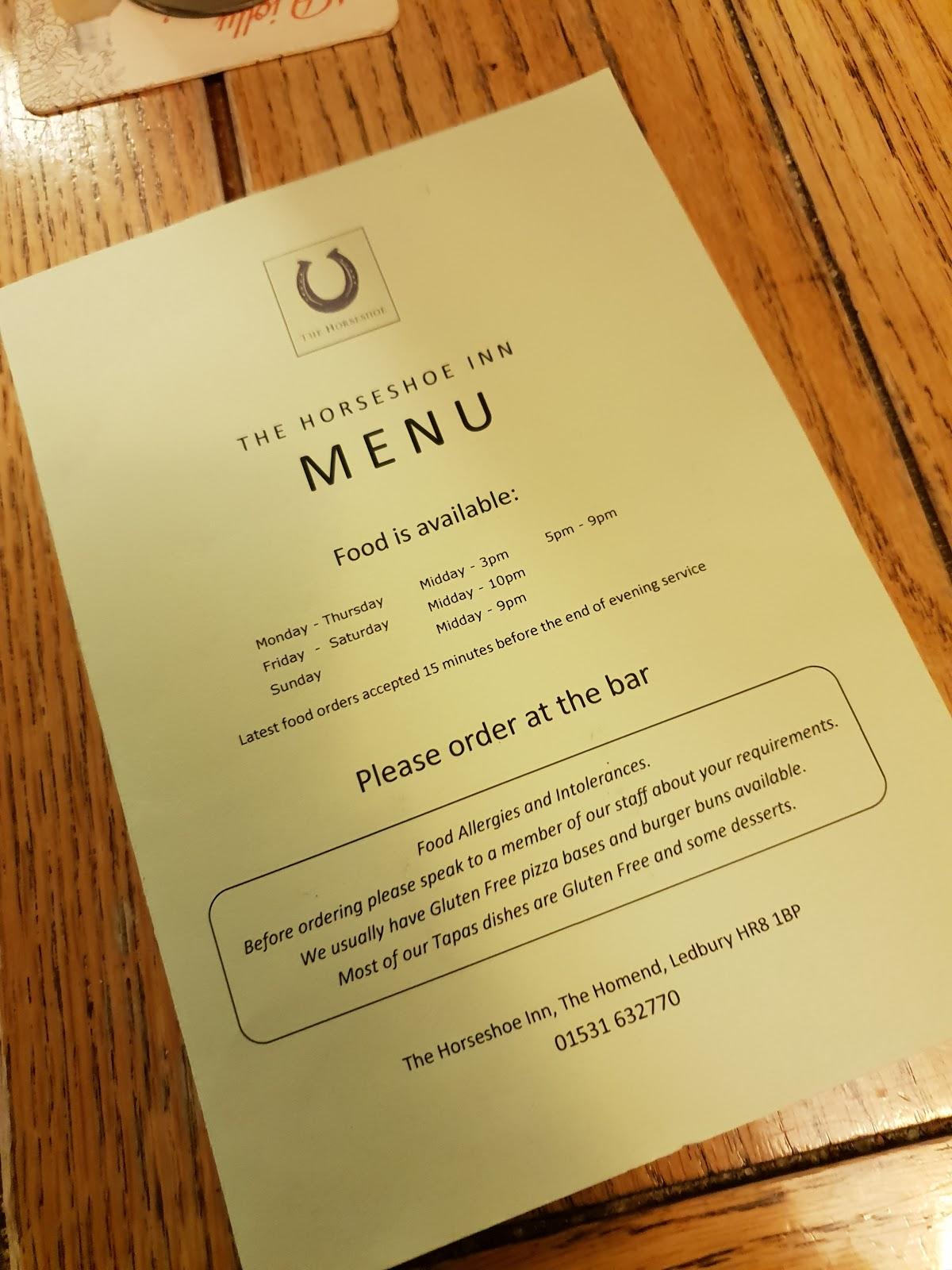Menu at The Horseshoe Inn restaurant, Ledbury