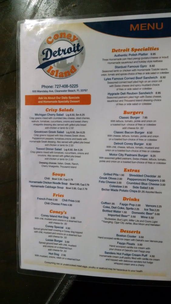 Menu at Detroit Coney Island restaurant, Palm Harbor, US Hwy 19 N