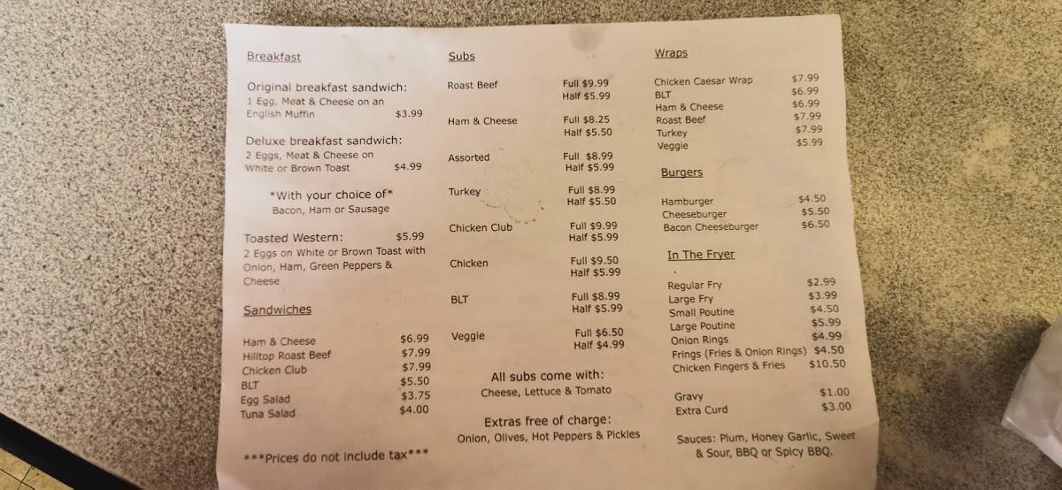 Menu at Hilltop Coffee Stop restaurant, Canada