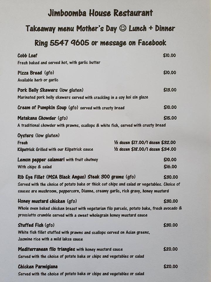 Menu at Jimboomba House Restaurant, Jimboomba, 105 Johanna St
