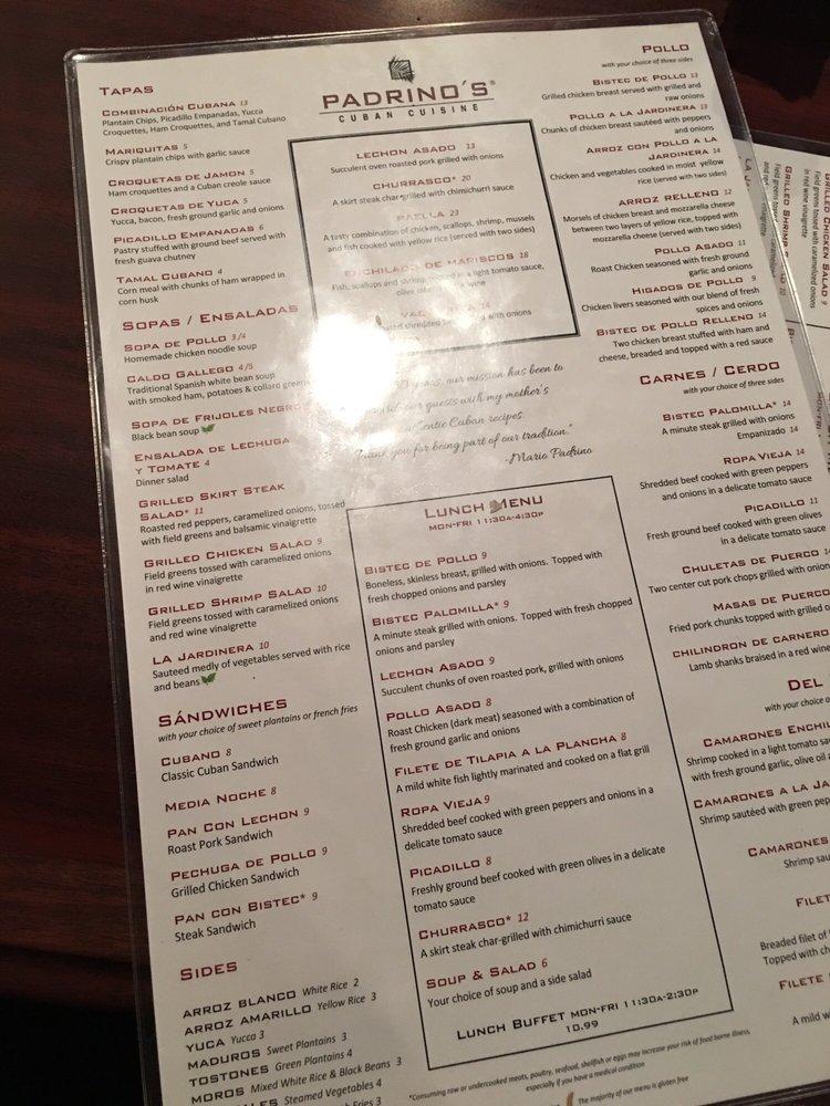 Menu at Padrino’s Cuban Restaurant, Boca Raton
