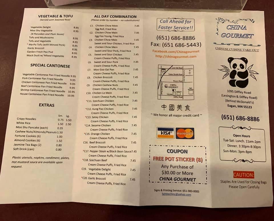 Menu at China Gourmet restaurant, Eagan