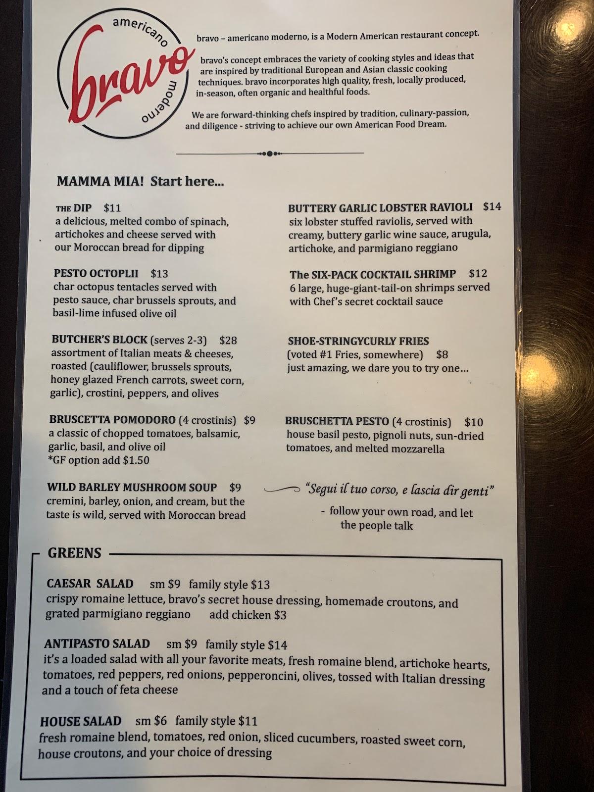 Menu at Bravo Americano Moderno pizzeria, Globe
