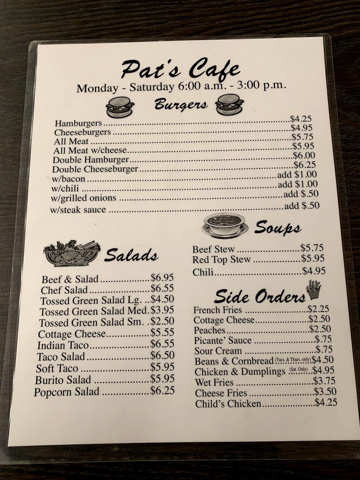 Menu at Pat's Cafe, Holdenville